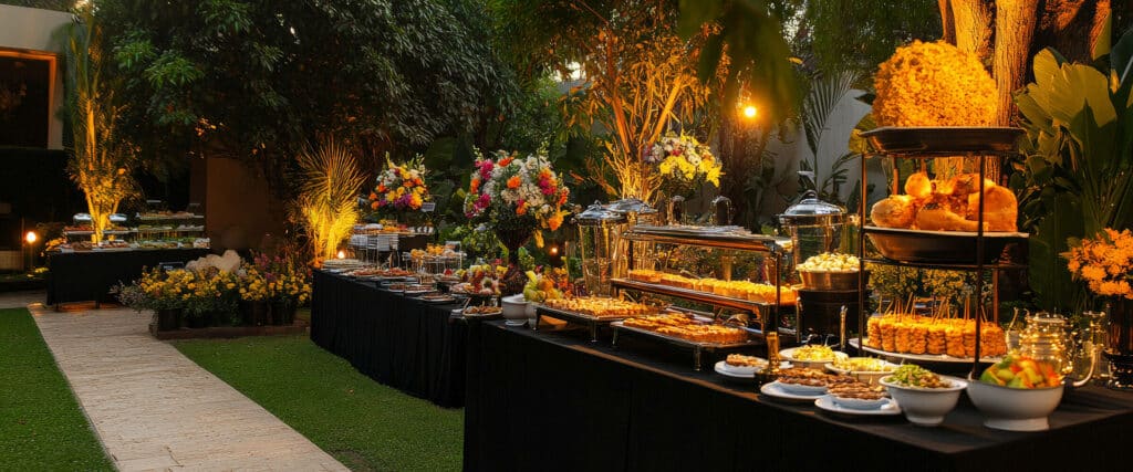 Grand buffet en plein air la nuit, dans un jardin éclairé. Tables noires chargées de plats chauds, froids et desserts variés, décor floral.