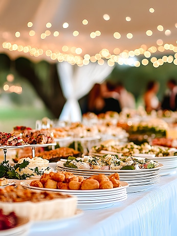 Buffet de fête garni de plats salés et sucrés variés, tables dressées sous une tente éclairée. Invités en arrière-plan flou.